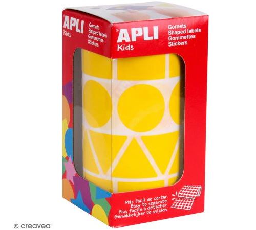 Apli Rollo de Gomets con Formas Surtidas - Adhesivo Permanente - 1.357 Gomets - Fomenta Psicomotricidad y Creatividad - Adhesivo Base Agua - Color Amarillo