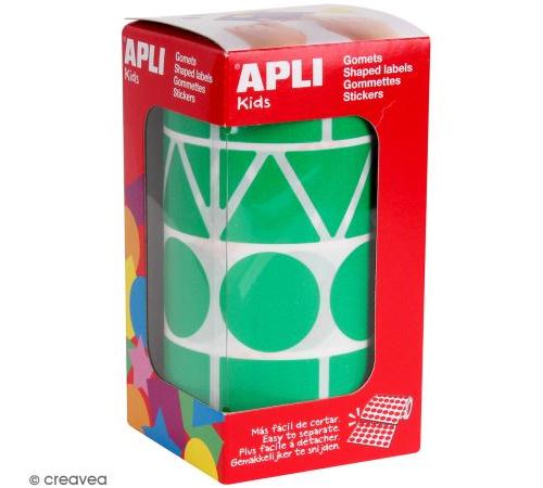 Apli Rollo de Gomets con Formas Surtidas - Adhesivo Permanente - 1.357 Gomets - Ideal para Guarderias - Fomenta Psicomotricidad y Creatividad - Adhesivo Base Agua - Color Verde