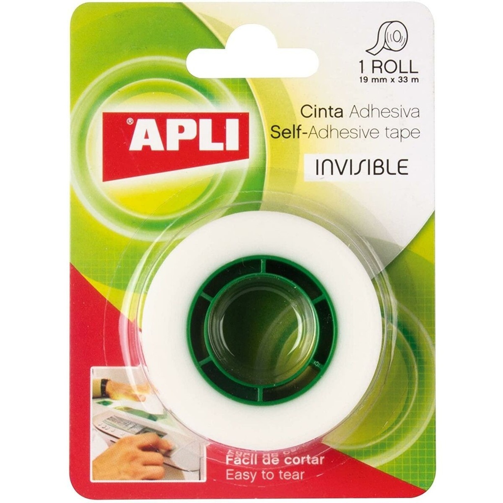 Apli Cinta Adhesiva Invisible 19mm x 33m - Facil de Cortar - Resistente - Ideal para Uso en Oficina - Transparente