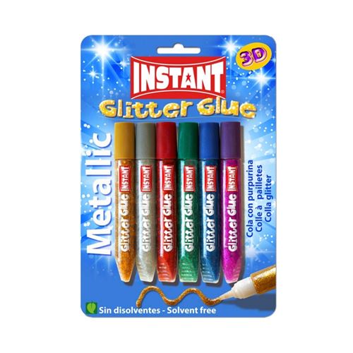 Instant Glitter Glue Metallic Pack de 6 Tubos de Pegamento con Purpurina 10.5ml - Para Distintas Superficies - Sin Disolventes - Colores Metalicos Surtidos