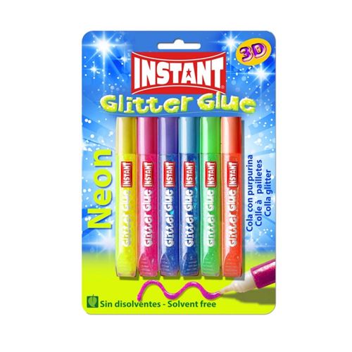 Instant Glitter Glue Neon Pack de 6 Tubos de Pegamento con Purpurina 10.5ml - Para Distintas Superficies - Sin Disolventes - Colores Neon Surtidos