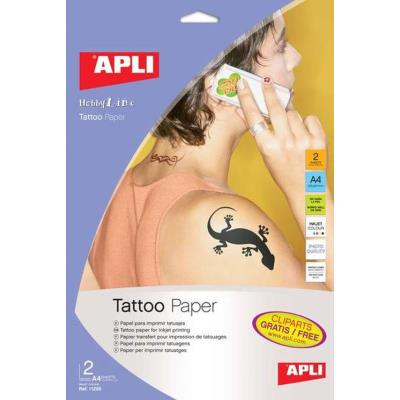 Apli Pack de 2 Hojas de Papel para Crear Tatuajes - Imprimible en Inkjet - Versatil para Piel y Objetos - Facil de Borrar - Dermatologicamente Testado