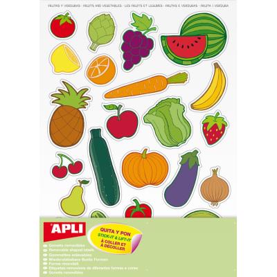 Apli Bolsa de Gomets Tematicos Frutas y Verduras - 69 Gomets - Adhesivo Removible - Ilustraciones Divertidas - Adhesivo Base Agua - Libre de Disolventes - Coloridos
