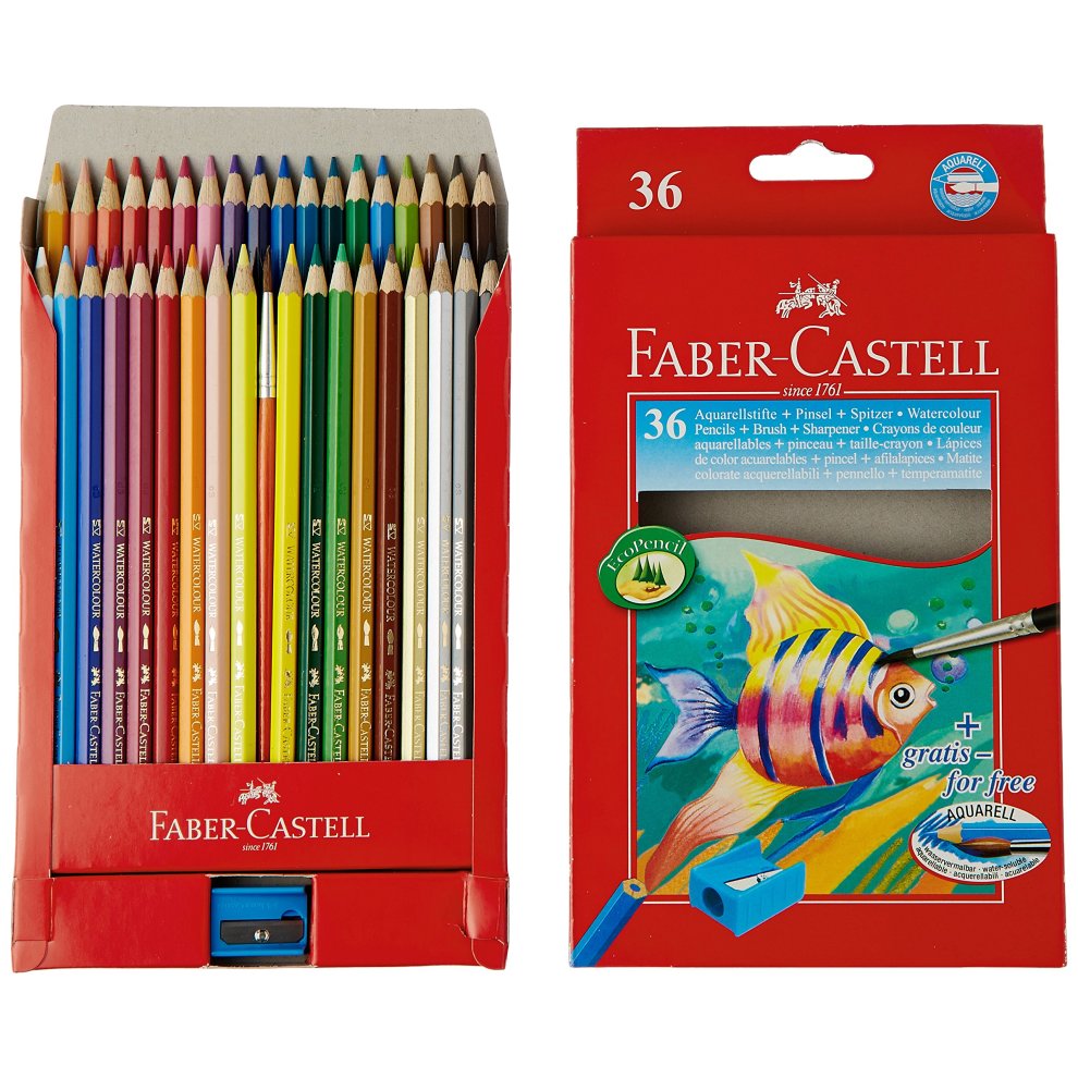 Faber-Castell Classic Colour Acuarelable Pack de 36 Lapices de Colores Hexagonales Acuarelables + Pincel - Resistencia a la Rotura - Colores Surtidos