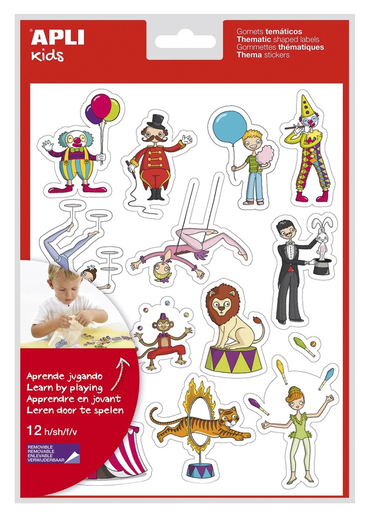 Apli Bolsa de Gomets Tematicos el Circo - 168 Gomets en 12 Hojas - Adhesivo Removible - Ideal para Escuelas - Adhesivo Base Agua - Libre de Disolventes - Divertidas Ilustraciones - Colorido Circo