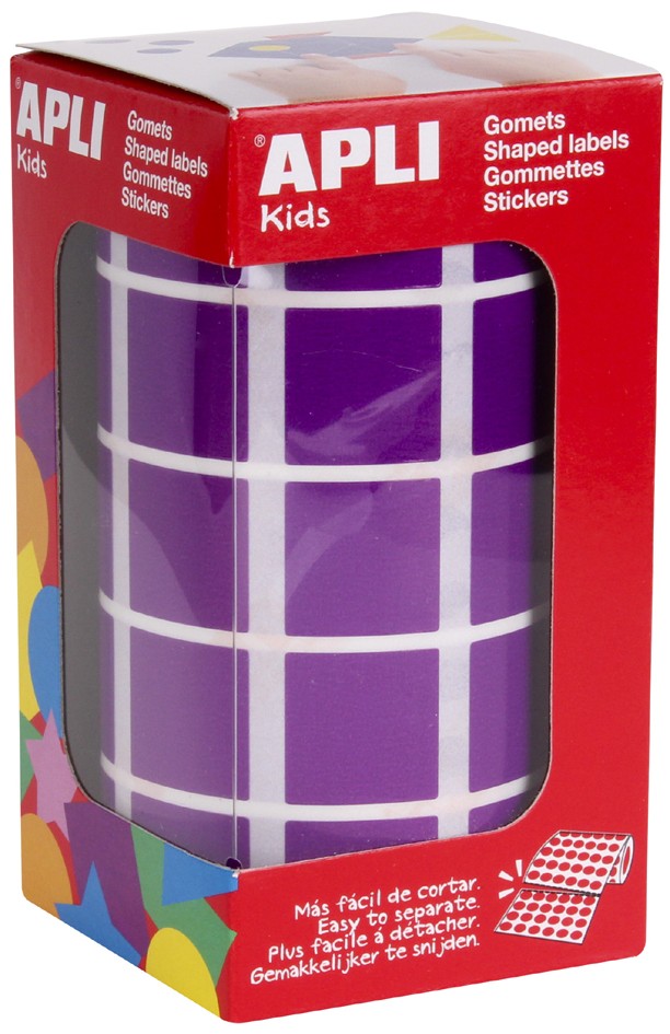 Apli Gomets Cuadrados Lila - 20 x 20mm - 59 Hojas Pretroqueladas - 1770 Gomets por Rollo - Ideal para Escuelas y Talleres Infantiles - Normas EN-71 y FSC - Adhesivo Base Agua - Materiales 100% Reciclables