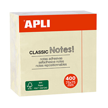 Apli Notas Adhesivas Classic 75x75mm - Cubo de 400 Hojas - Adhesivo de Calidad - Facil de Despegar - Amarillo