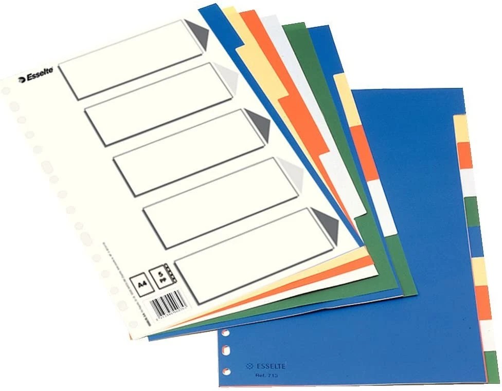 Esselte 613 Bolsa de 5 Separadores de Plastico - 5 Pestañas / 5 Colores - Multitaladro - Formato Folio
