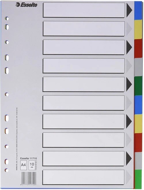 Esselte 713 Bolsa de 10 Separadores de Plastico - 10 Pestañas / 5 Colores - Multitaladro - Formato Folio