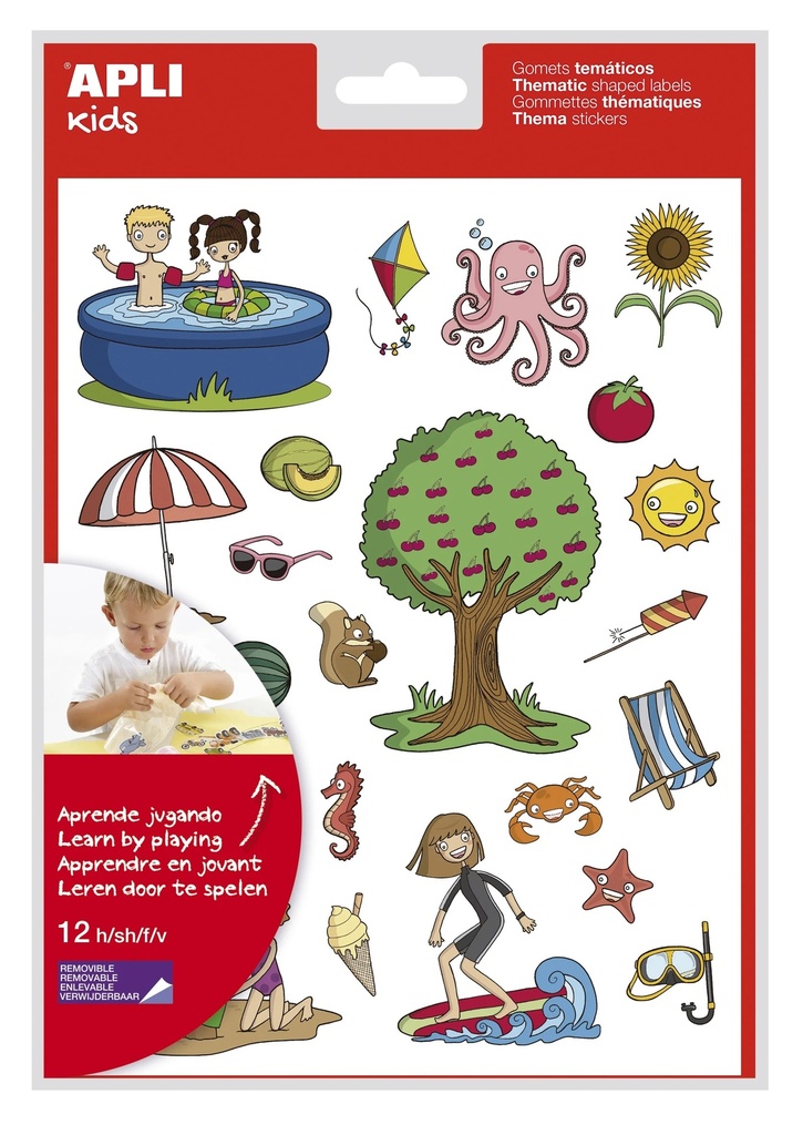 Apli Gomets Tematicos el Verano - 12 Hojas (288 Gomets) - Adhesivo Removible - Ilustraciones Educativas - Normas EN-71 y FSC - Adhesivo Base Agua - Libre de Disolventes - Papeles ECF - 100% Reciclables - Coloridos