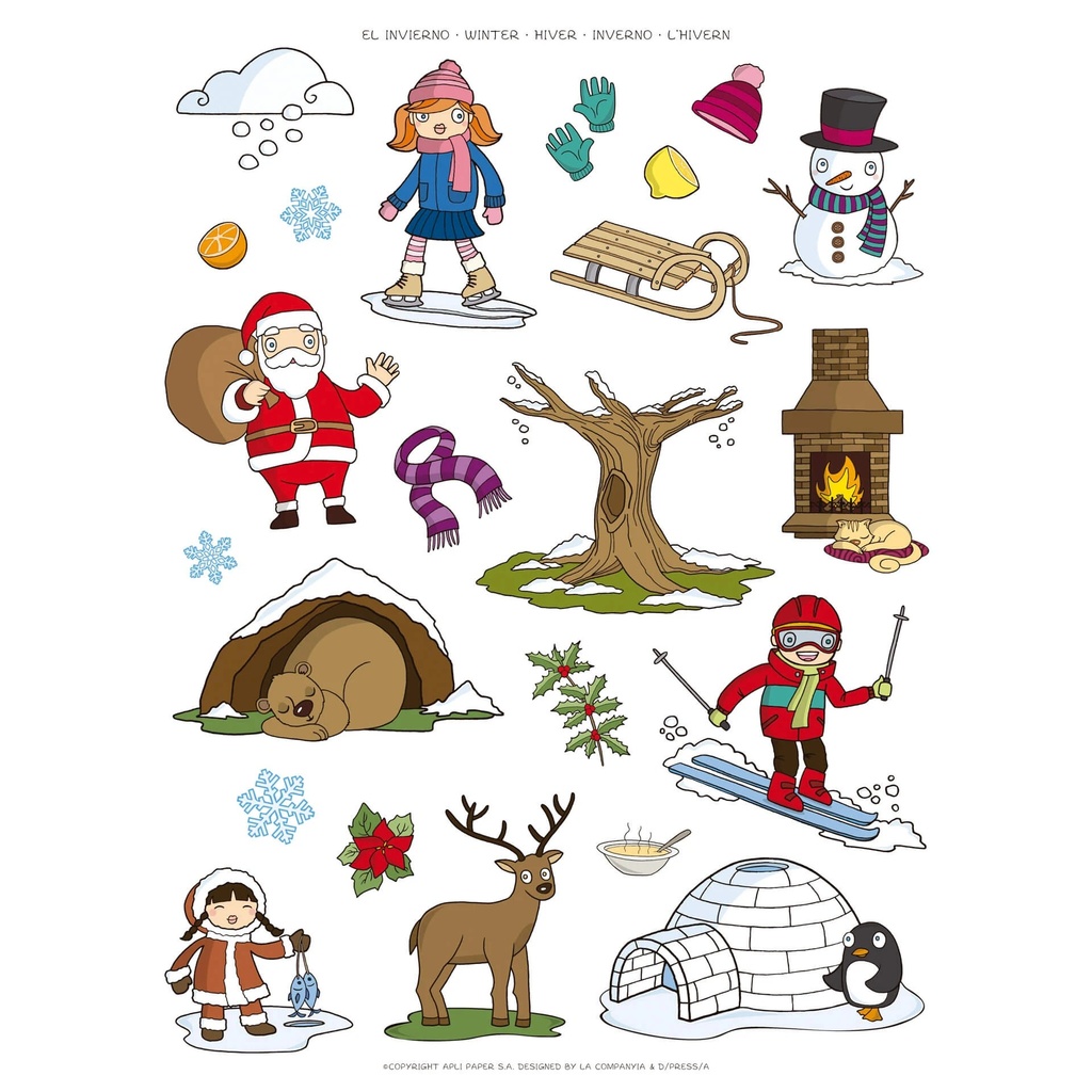 Apli Gomets Tematicos el Invierno - 276 Gomets en 12 Hojas - Ilustraciones Educativas - Adhesivo Removible - Ideal para Escuelas - Adhesivo Base Agua - Libre de Disolventes - Colorido