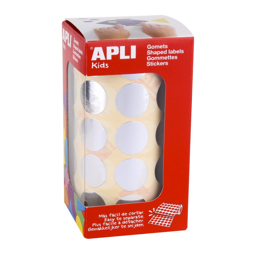 Apli Gomets Redondos Plata Metalizado Ø 20mm - 59 Hojas Pretroqueladas - 1770 Gomets por Rollo - Ideal para Escuelas y Talleres Infantiles - Cumple Normas EN-71 y FSC