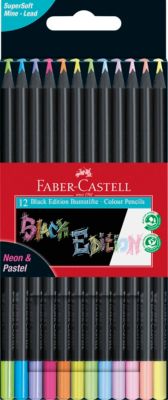 Faber-Castell Black Edition Pack de 12 Lapices de Colores Neon+Pastel - Mina Supersuave - Madera Negra - Ideales para Dibujo sobre Papel Claro, Oscuro y de Colores - Colores Surtidos