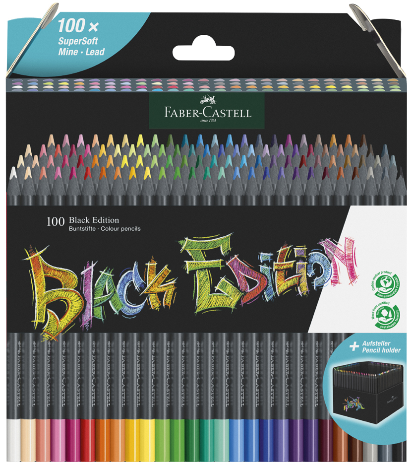 Faber-Castell Black Edition Pack de 100 Lapices de Colores - Mina Supersuave - Madera Negra - Ideales para Dibujo sobre Papel Claro, Oscuro y de Colores - Colores Surtidos