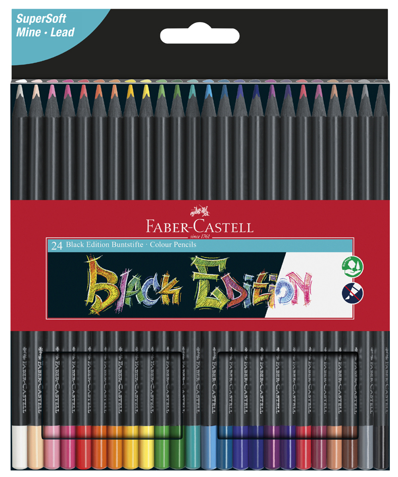 Faber-Castell Black Edition Pack de 24 Lapices de Colores - Mina Supersuave - Madera Negra - Ideales para Dibujo sobre Papel Claro, Oscuro y de Colores - Colores Surtidos