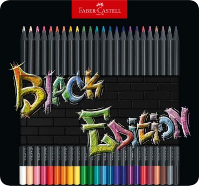 Faber-Castell Black Edition Caja Metalica de 24 Lapices de Colores - Mina Supersuave - Madera Negra - Ideales para Dibujo sobre Papel Claro, Oscuro y de Colores - Colores Surtidos
