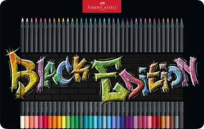 Faber-Castell Black Edition Caja Metalica de 36 Lapices de Colores - Mina Supersuave - Madera Negra - Ideales para Dibujo sobre Papel Claro, Oscuro y de Colores - Colores Surtidos