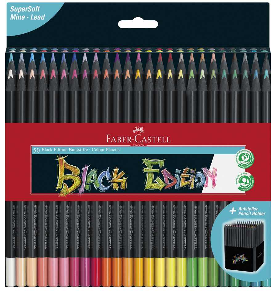 Faber-Castell Black Edition Pack de 50 Lapices de Colores - Mina Supersuave - Madera Negra - Ideales para Dibujo sobre Papel Claro, Oscuro y de Colores - Colores Surtidos
