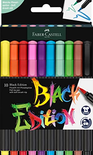 Faber-Castell Black Edition Pack de 10 Rotuladores Punta Pincel - Tinta a Base de Colorantes Alimentarios - Colores Surtidos