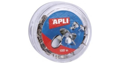 Apli Caja de 100 Chinchetas Niqueladas Ø 10mm - Cabeza Redondeada - Puntas Afiladas - Ideal para Corcho, Paredes, Tapicerias y Madera - Color Plata