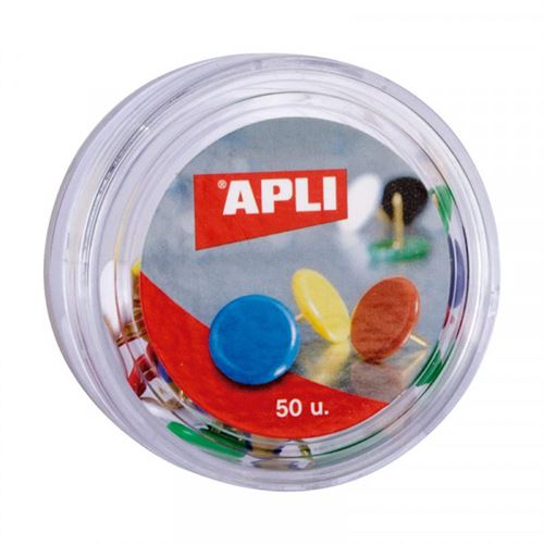 Apli Caja de 50 Chinchetas Niqueladas con Cabezal de Plastico - Cabeza Redondeada - Puntas Afiladas - Colores Surtidos