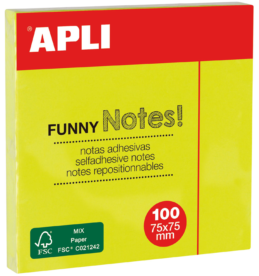 Apli Notas Adhesivas Funny 75x75mm - Bloc de 100 Hojas - Adhesivo de Calidad - Facil de Despegar - Color Amarillo Fluorescente