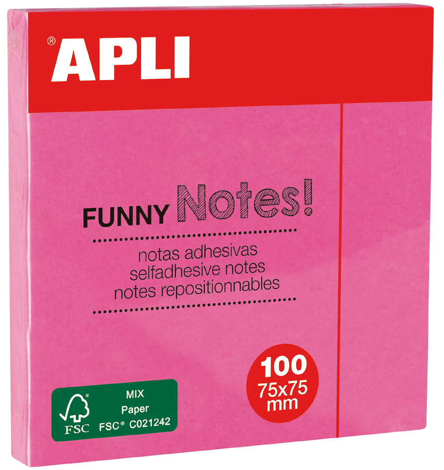 Apli Funny Bloc de 100 Notas Adhesivas 75x75mm - Adhesivo de Calidad - Facil de Despegar - Color Rosa Fluor