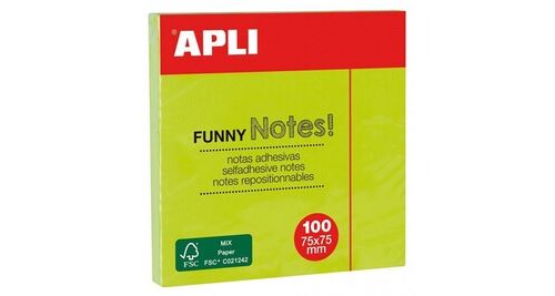 Apli Notas Adhesivas Funny 75x75mm - Bloc de 100 Hojas - Adhesivo de Calidad - Facil de Despegar - Color Verde Fluorescente