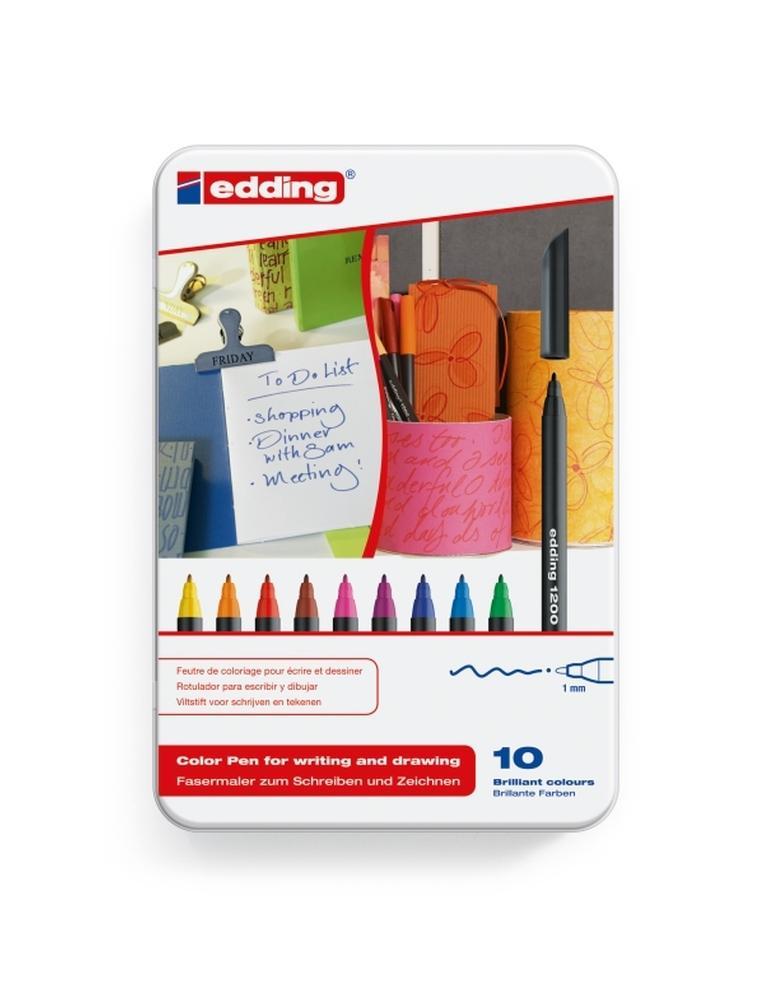 Edding 1200 Caja Metalica con 10 Rotuladores - Punta Redonda - Trazo 1mm - Tinta con Base de Agua