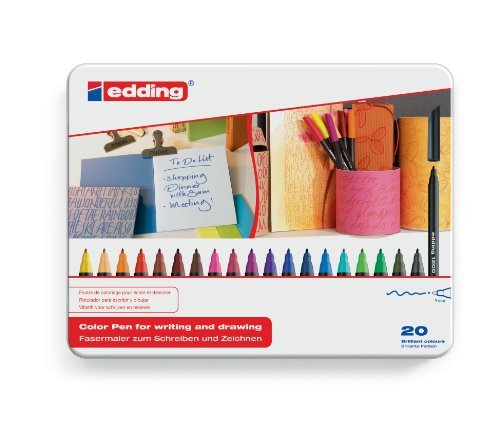 Edding 1200 Caja Metalica con 20 Rotuladores - Punta Redonda - Trazo 1mm - Tinta con Base de Agua - Colores Surtidos