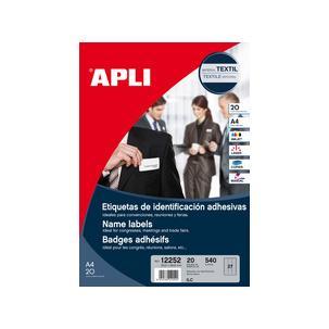 Apli Etiquetas Textiles de Identificacion Adhesivas con Cantos Romos - Tamaño 63.5 x 29.6mm - Adhesivo Removible - Pack de 20 Hojas con 540 Etiquetas - Compatible con Impresoras Inkjet, Laser O Fotocopiadoras