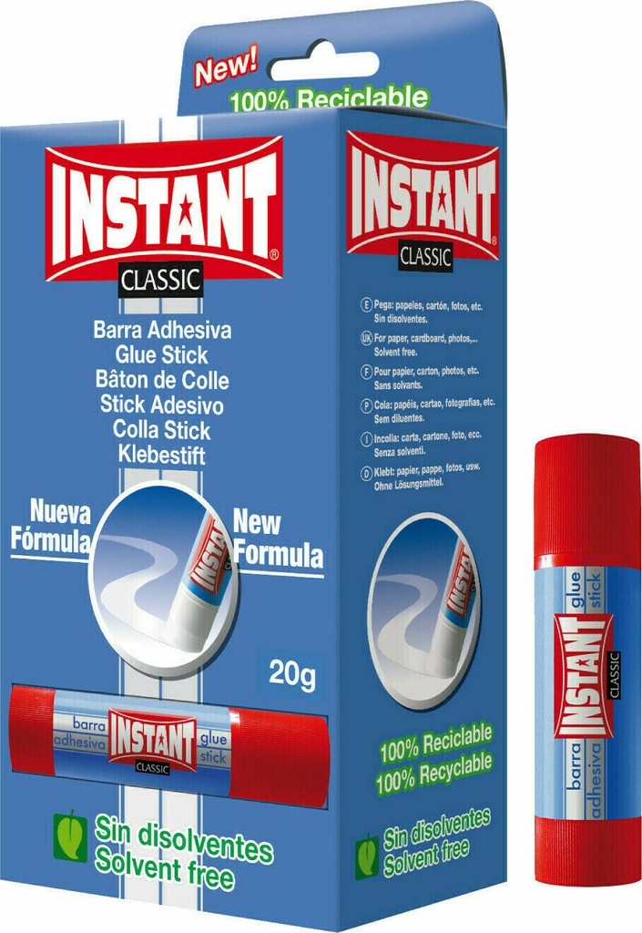 Instant Classic Barra de Pegamento 20grs - Apto para Uso Infantil y/o Domestico - Lavable - Sin Disolventes