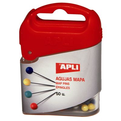 Apli Caja de 50 Agujas de Mapa - Cabeza de Plastico - Punta Metalica - Ideal para Mapas, Corcho y Manualidades - Colores Surtidos