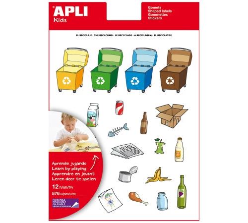 Apli Pack de 276 Gomets con Tematica El Reciclaje - Adhesivo Removible - Ilustraciones Divertidas - Ideal para Escuelas - 100% Reciclables