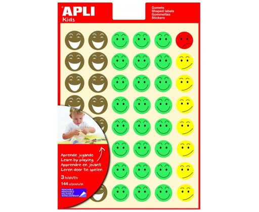 Apli Bolsa de 144 Gomets Cara Feliz - Adhesivo Removible - 4 Estilos de Caras - Fomenta Motivacion y Expresion - Alta Calidad y Seguridad - Colores Surtidos