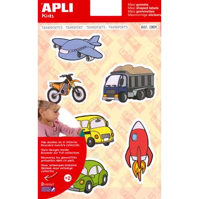 Apli Gomets Tematicos Transportes xL - 24 Gomets en 2 Hojas A4 - Ilustraciones de Medios de Transporte - Adhesivo Removible - Tamaño xL sin Borde - Adhesivo Base Agua - Libre de Disolventes - Colorido