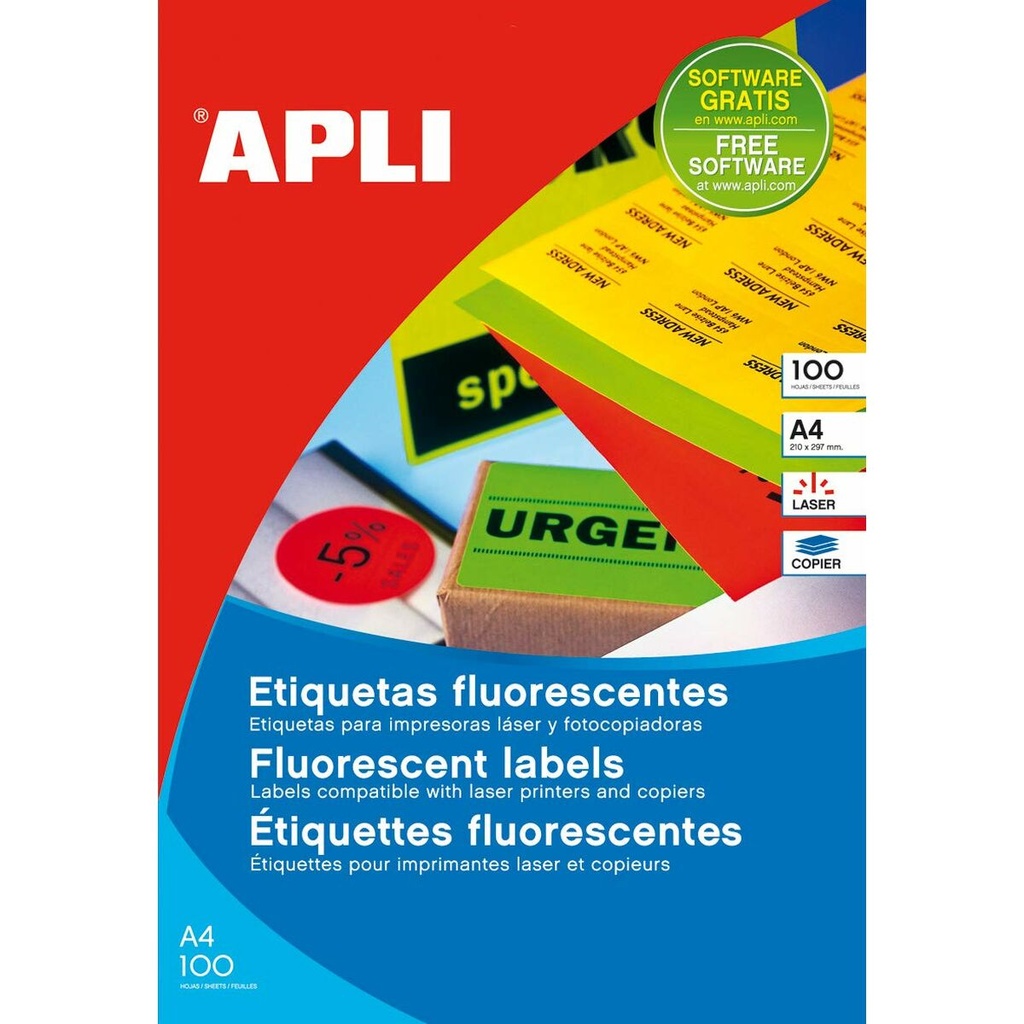 Apli Etiquetas Rojo Fluorescente Permanentes 64.0 x 33.9mm 100 Hojas