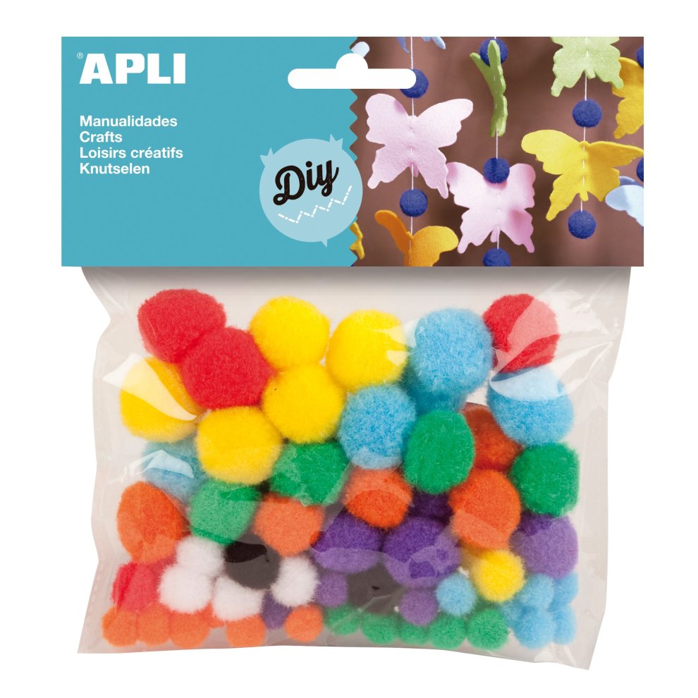 Apli Pack de 78 Pompones - Medidas Surtidas Ø 8 mm, Ø 10 mm, Ø 12 mm, Ø 15 mm y Ø 20 mm - Colores Surtidos