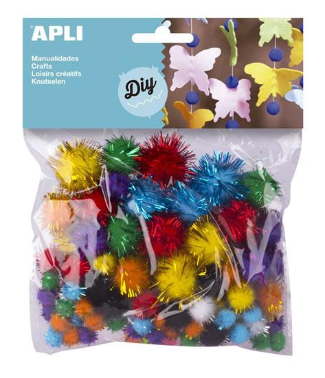 Apli Pack de 78 Pompones Brillantes - Ideal para Manualidades y Decoraciones - Estimula la Creatividad Infantil - Colores Surtidos