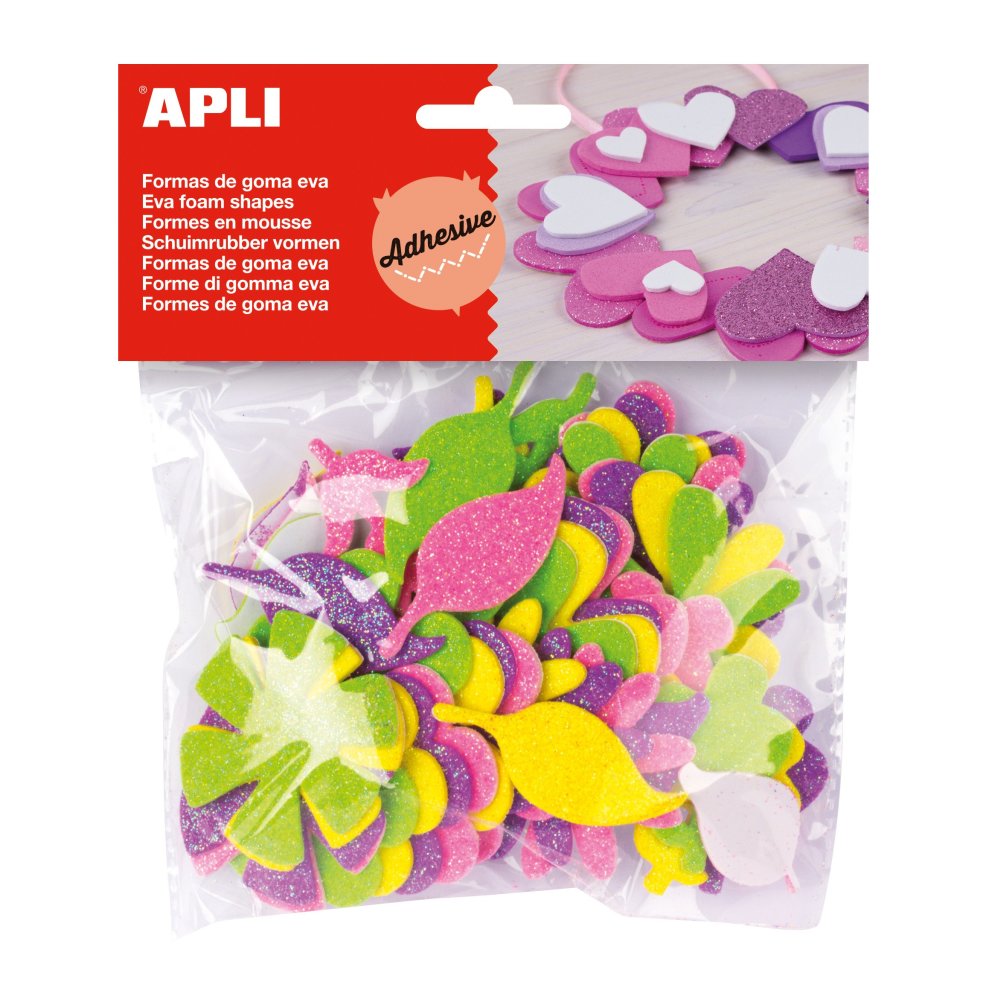 Apli Formas de Flor Adhesivas de Goma Eva - 48 Formas - Medidas Surtidas - Material Suave y Seguro - Colores Surtidos Purpurina