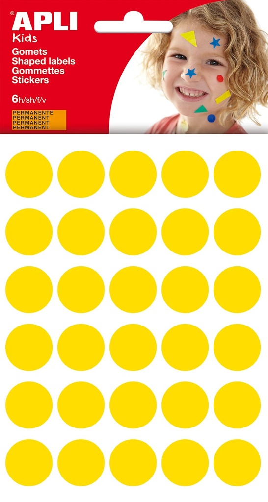 Apli Bolsa de 180 Gomets Redondos Ø 20mm - Adhesivo Permanente - Desarrollo de Habilidades y Creatividad - Ideal para Escuelas Infantiles - Color Amarillo