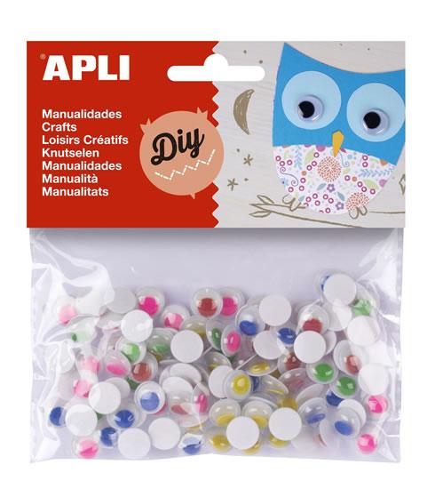 Apli Pack de 100 Ojos Moviles Redondos Adhesivos - Medidas Surtidas Ø 10 mm - Colores Surtidos