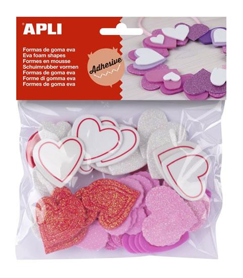 Apli Pack de 52 Corazones Adhesivos de Goma Eva con Acabado Purpurina - Medidas y Diseños Surtidos - Material Suave y Seguro - Colores Surtidos