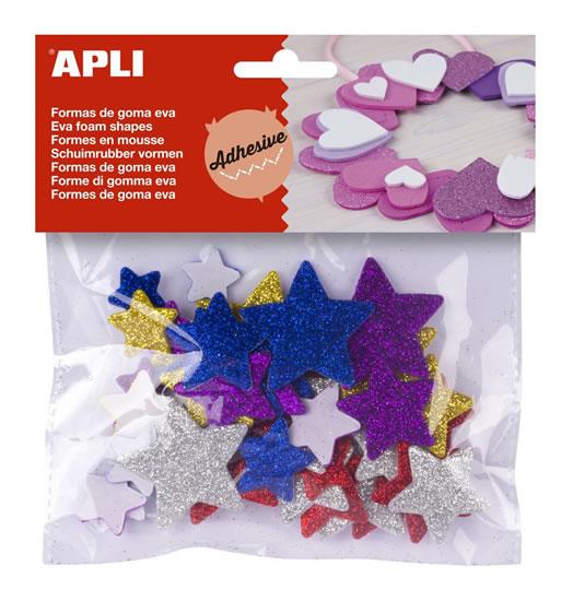 Apli Formas de Estrellas Adhesivas de Goma Eva - 50 Formas - Medidas Surtidas - Material Suave y Seguro - Colores Surtidos Purpurina