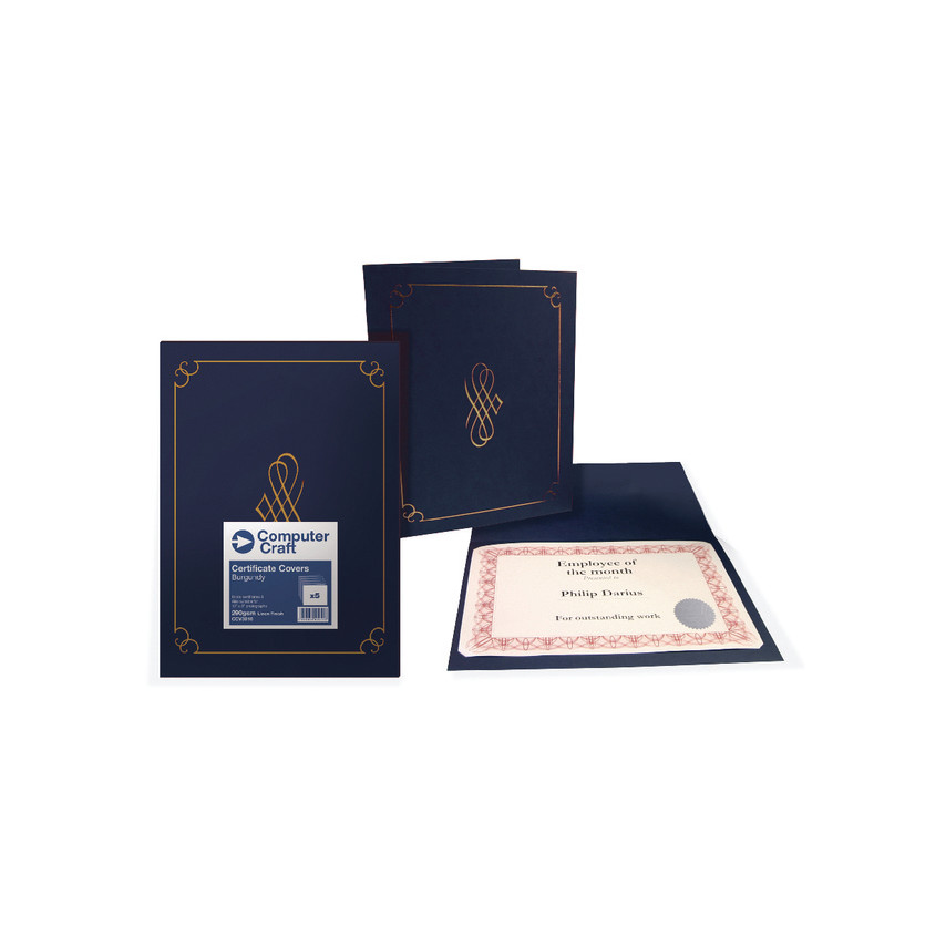 Apli Pack de 5 Carpetas para Certificados y Diplomas - 300gr - Borde Estampado - Pestañas Interiores - Color Azul