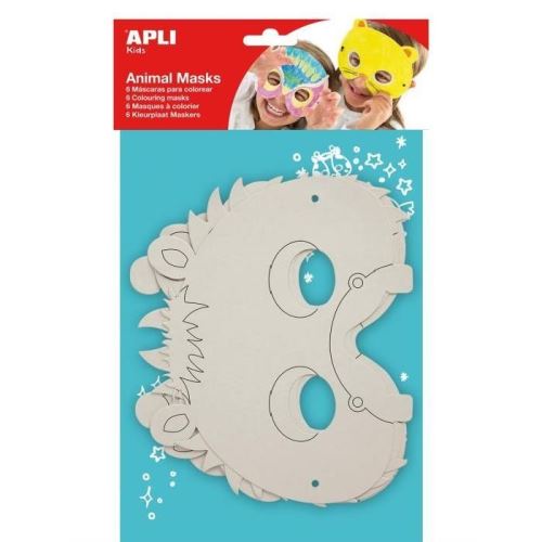 Apli Pack de 6 Mascaras de Carton para Colorear y Decorar - Formas de Animales - Incluye Hilo Elastico - Ideal para Fiestas Infantiles y Talleres