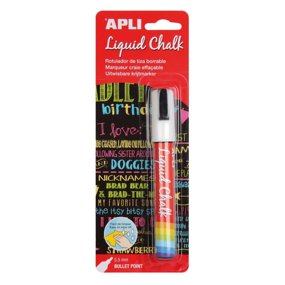 Apli Rotulador de Tiza Liquida - Punta Redonda de 5.5mm - Facil de Borrar con Paño Humedo - Secado Rapido y Uso Sencillo - Base Agua Libre de Toxicos - Color Blanco