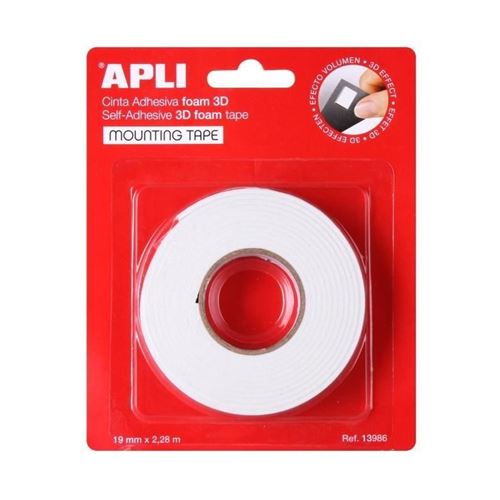 Apli Cinta Adhesiva Doble Cara Foam 3D 19mm x 2.28m - Adhesion Fuerte y Duradera - Ideal para Manualidades y Decoracion - Color Blanco