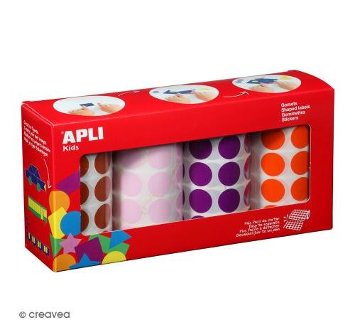Apli Pack de 4 Rollos de Gomets Redondos Ø 20mm - 1770 Gomets por Rollo - Adhesivo Permanente - 7080 Gomets en Total - Ideales para Escuelas Infantiles - Colores Marron, Rosa, Lila y Naranja