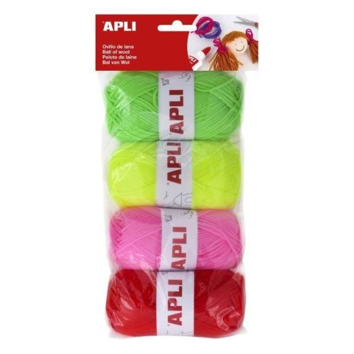 Apli Pack de 4 Ovillos de Lana Acrilica Fluor - Flexibles y Resistentes - Lavables a Maquina - Ideales para Manualidades y Tejido - Colores Surtidos